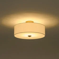 4-Light White Linen Round Drum Brass Semi Flush Mount