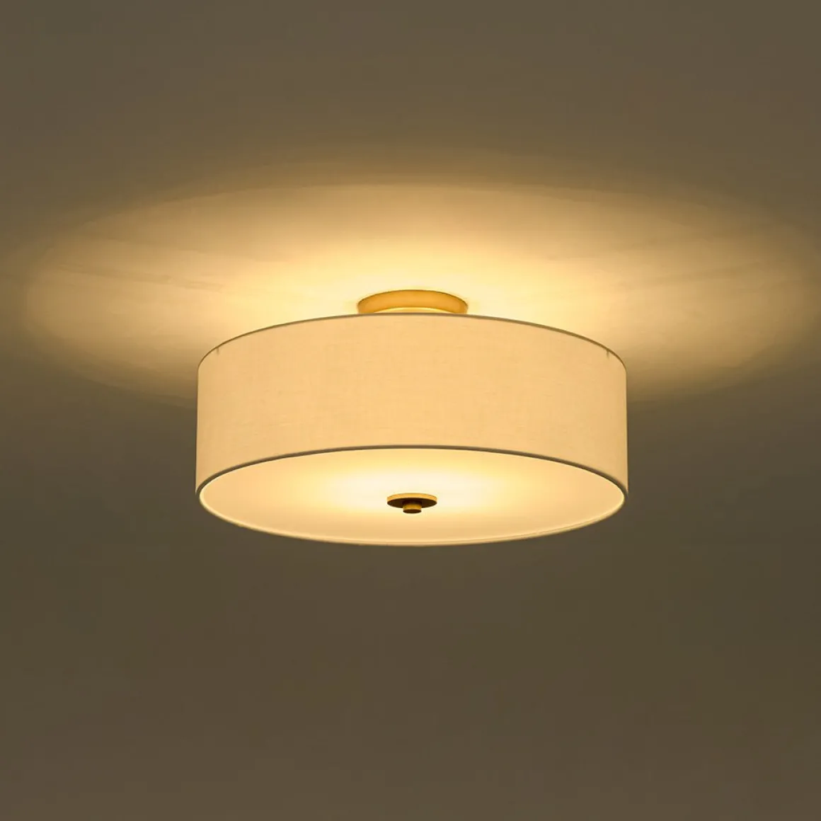 4-Light White Linen Round Drum Brass Semi Flush Mount