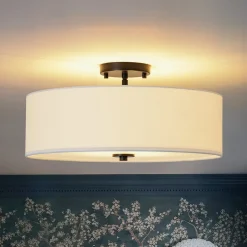 4-Light White Linen Round Drum Semi Flush Mount