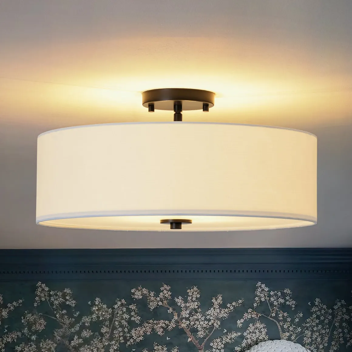 4-Light White Linen Round Drum Semi Flush Mount