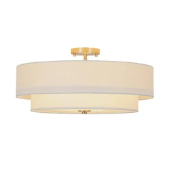 4-Light White Linen Round Drum Semi Flush Mount