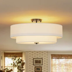4-Light White Linen Round Drum Semi Flush Mount