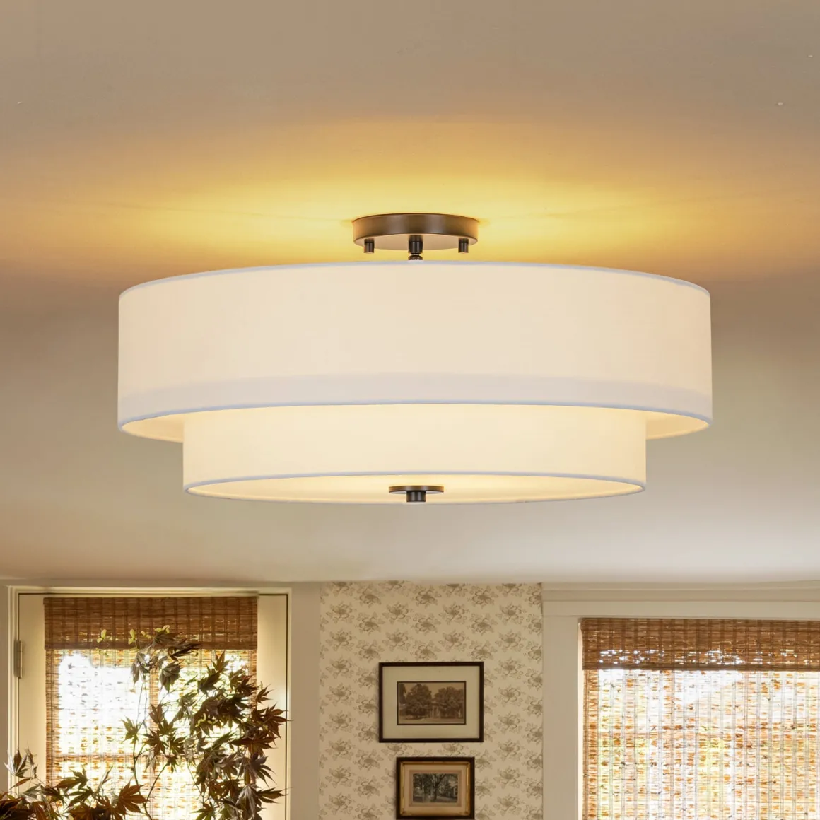 4-Light White Linen Round Drum Semi Flush Mount
