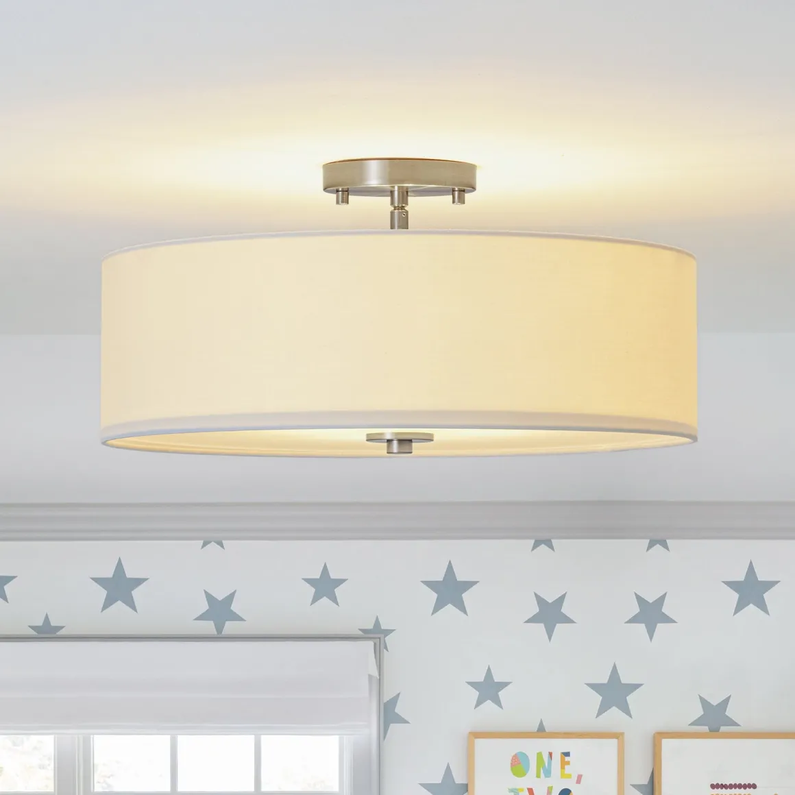 4-Light White Linen Round Drum Semi Flush Mount