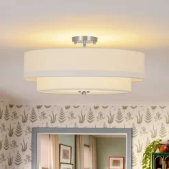 4-Light White Linen Round Drum Semi Flush Mount