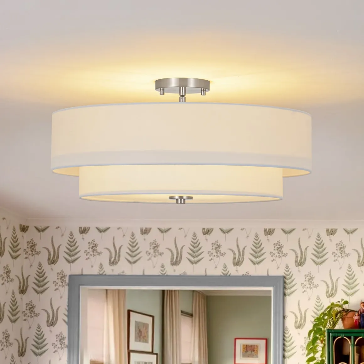 4-Light White Linen Round Drum Semi Flush Mount