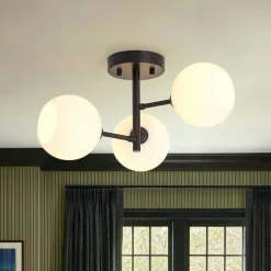 3-Light White Ribbed Glass Tiered Sputnik Semi Flush Mount
