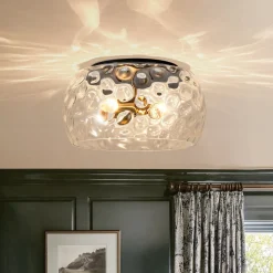 3-Light Wide Bowl Hammered Glass Round Flush Mount