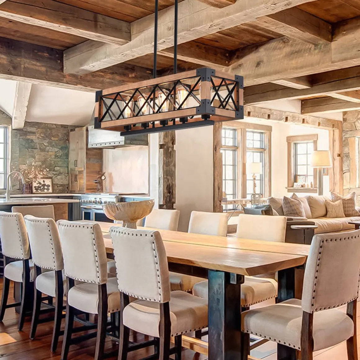 5-Light Wood Box Rectangle Chandelier Modern Farmhouse