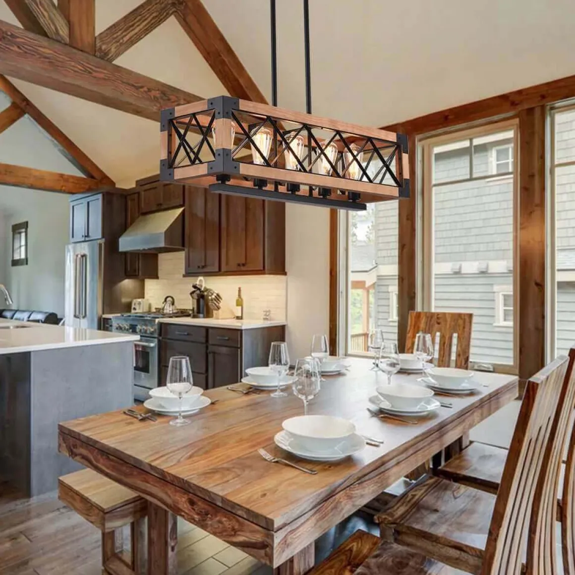 5-Light Wood Box Rectangle Chandelier Modern Farmhouse