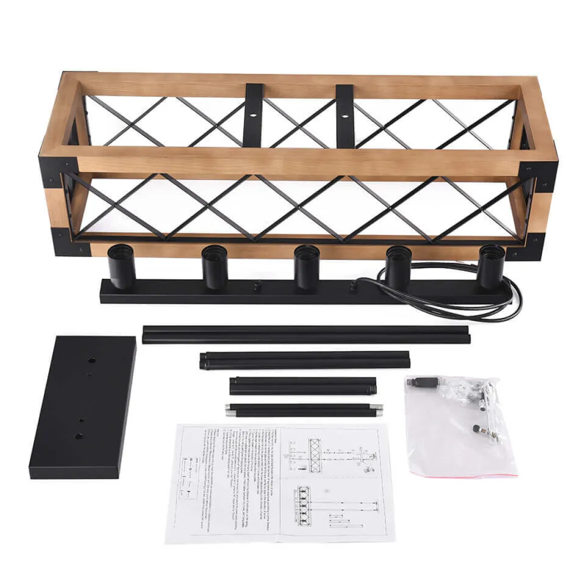 5-Light Wood Box Rectangle Chandelier Modern Farmhouse