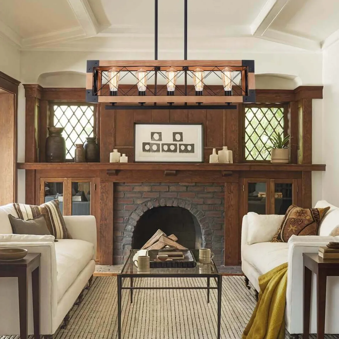 5-Light Wood Box Rectangle Chandelier Modern Farmhouse