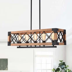 5-Light Wood Box Rectangle Chandelier Modern Farmhouse