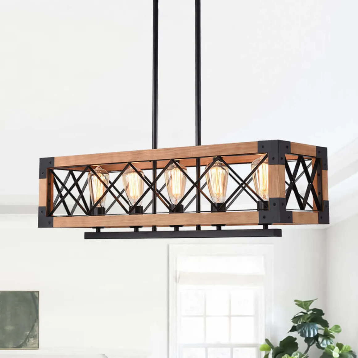5-Light Wood Box Rectangle Chandelier Modern Farmhouse