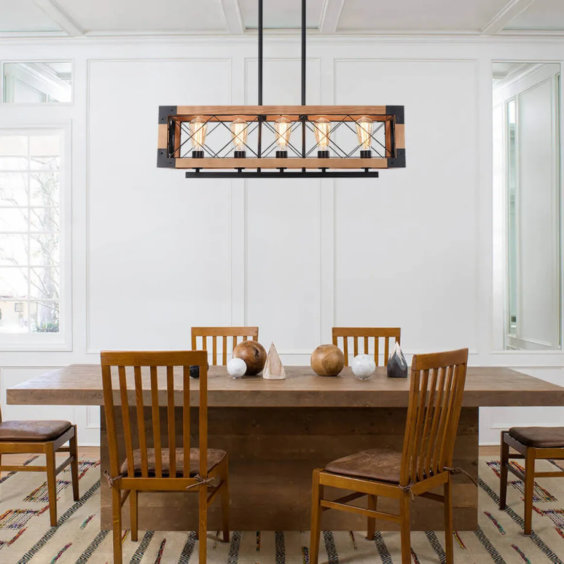 5-Light Wood Box Rectangle Chandelier Modern Farmhouse
