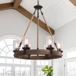 6-Light Wood Wagon Wheel Chandelier Modern Farmhouse