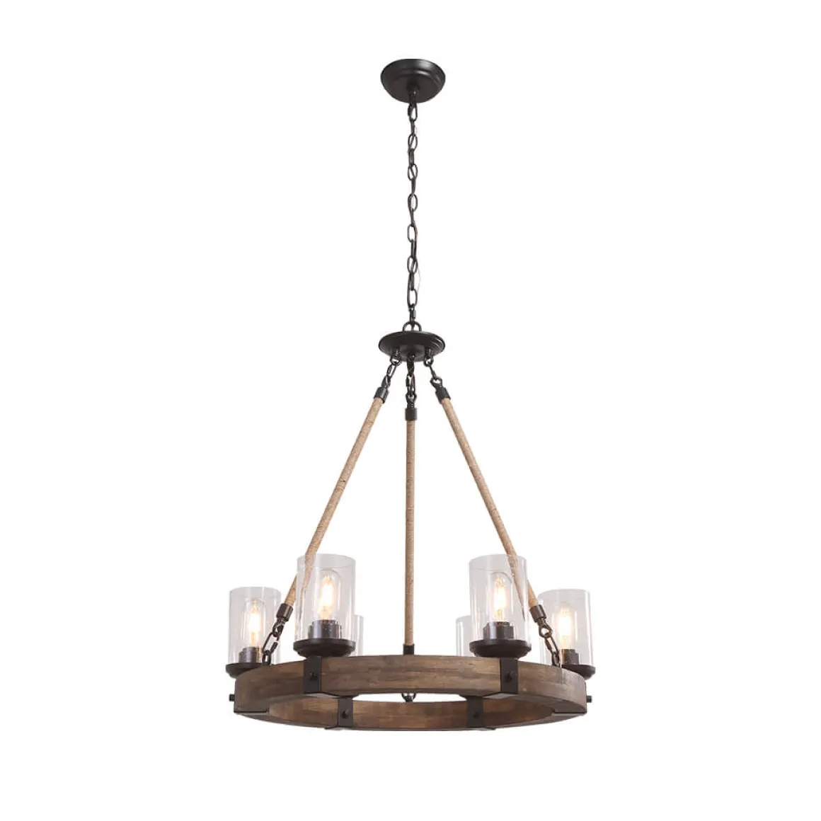 6-Light Wood Wagon Wheel Chandelier Modern Farmhouse