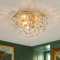 Luxe Brass Bloom Crystal Floral Cage Flush Mount Light