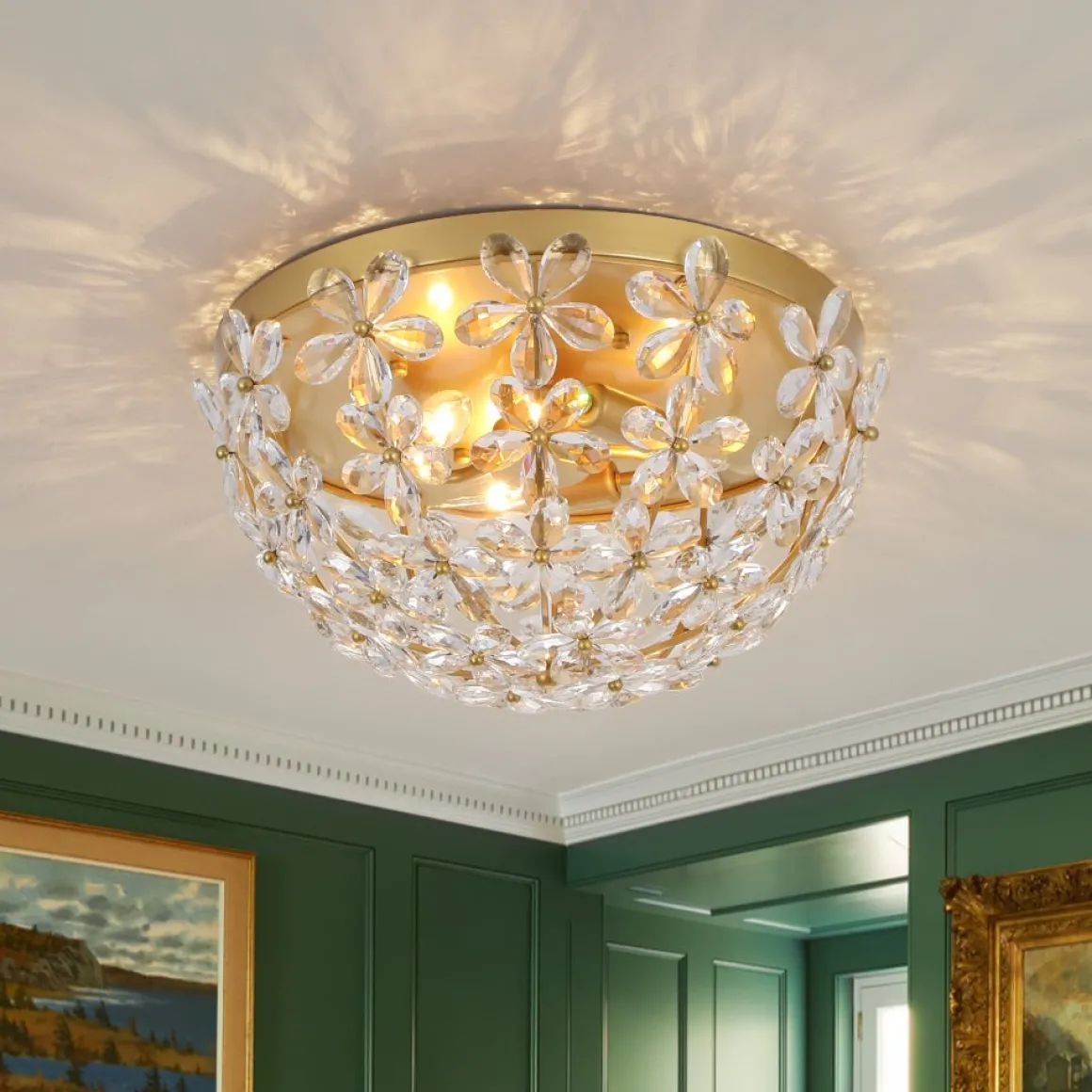 Luxe Brass Bloom Crystal Floral Cage Flush Mount Light