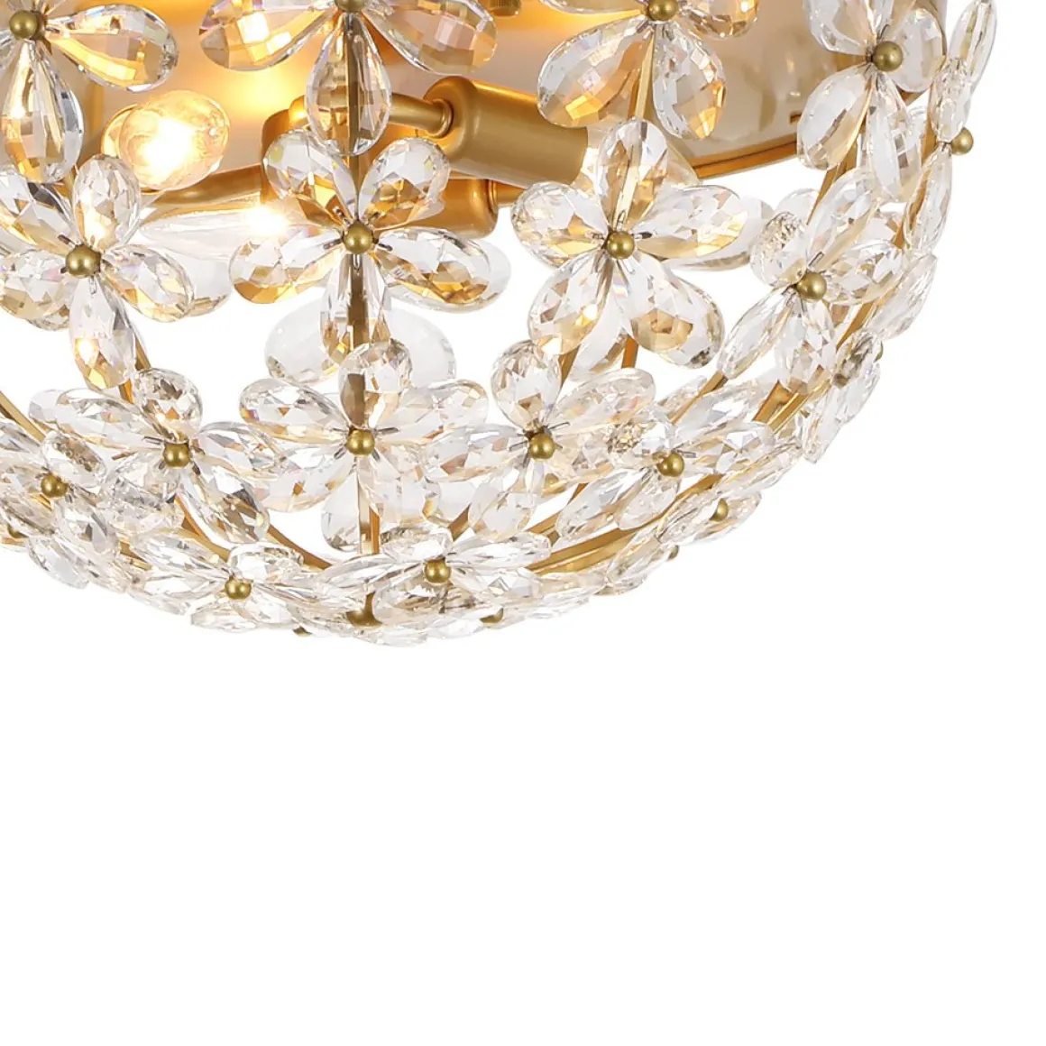 Luxe Brass Bloom Crystal Floral Cage Flush Mount Light