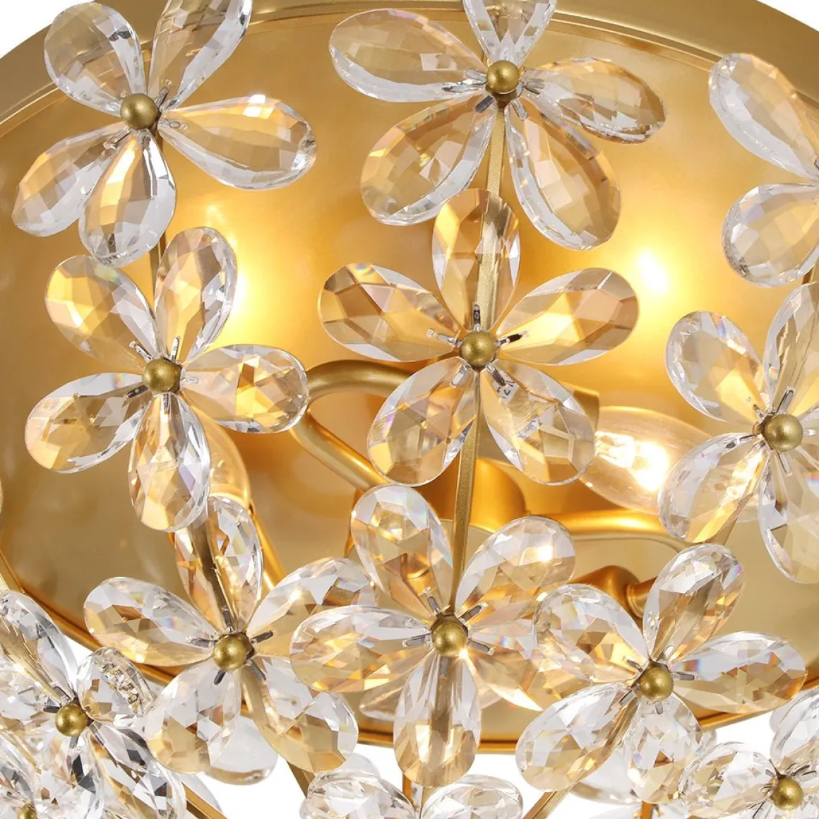 Luxe Brass Bloom Crystal Floral Cage Flush Mount Light