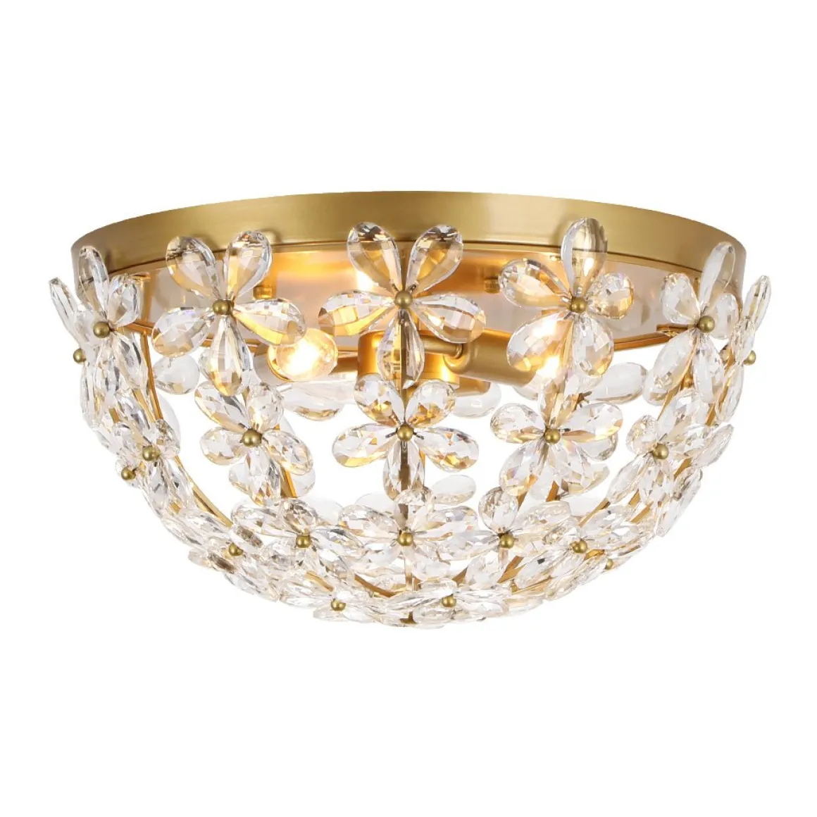 Luxe Brass Bloom Crystal Floral Cage Flush Mount Light