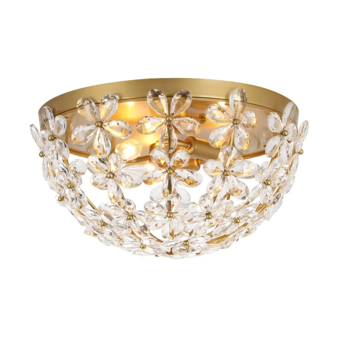 Luxe Brass Bloom Crystal Floral Cage Flush Mount Light