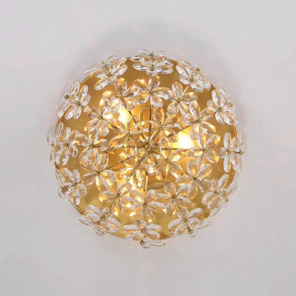 Luxe Brass Bloom Crystal Floral Cage Flush Mount Light