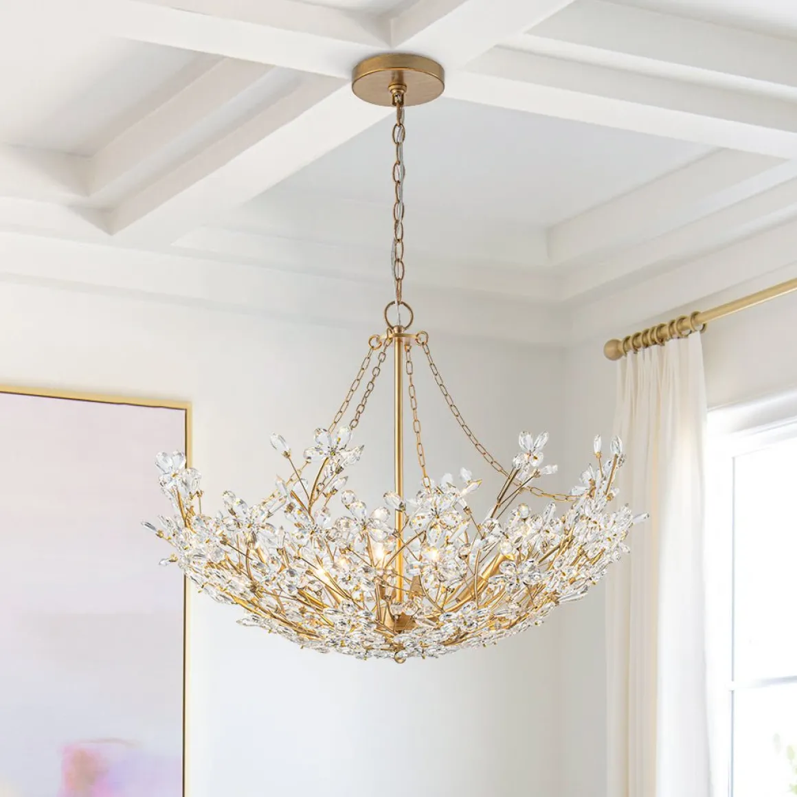 Luxe Gold Crystal Blossom Floral Basket Chandelier