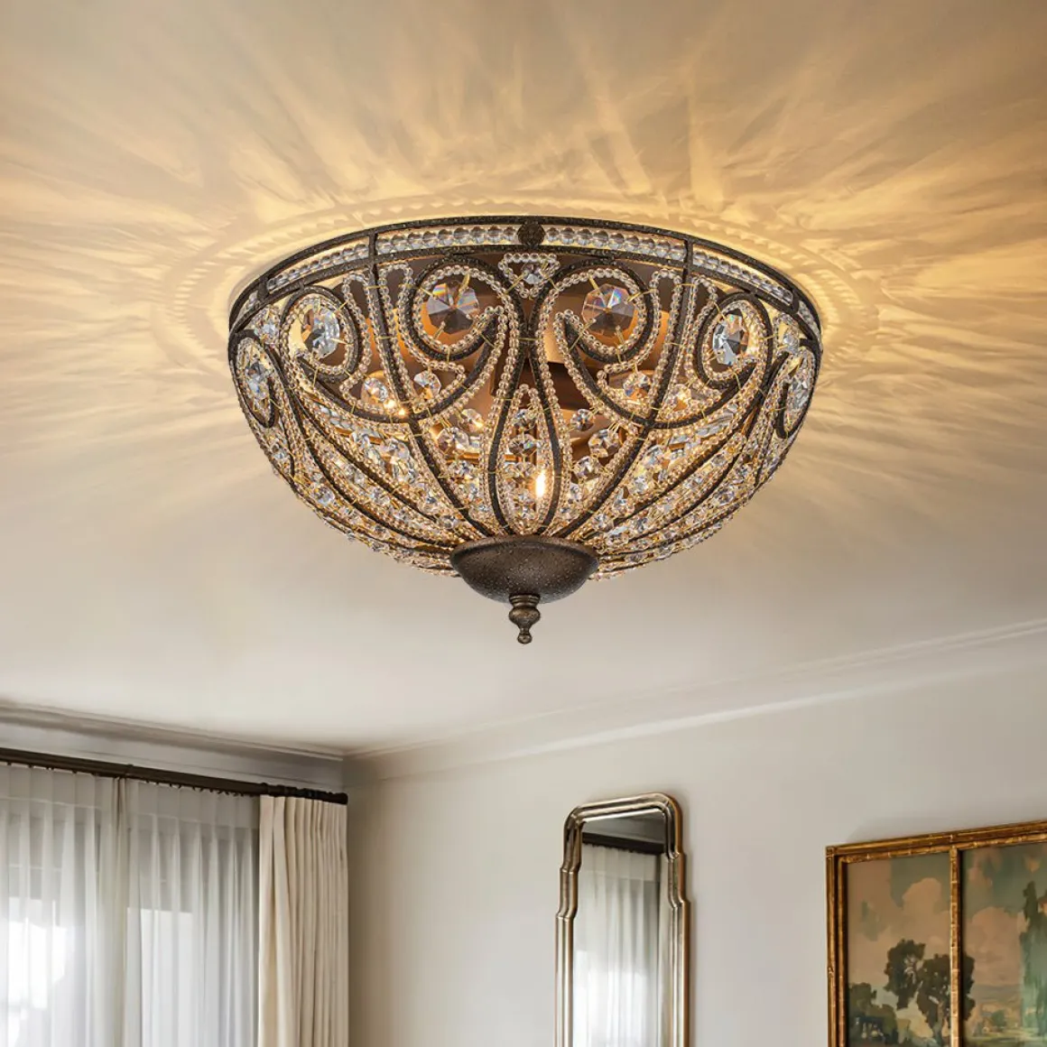 Luxe Moroccan Antique Bronze Crystal Ceiling Light