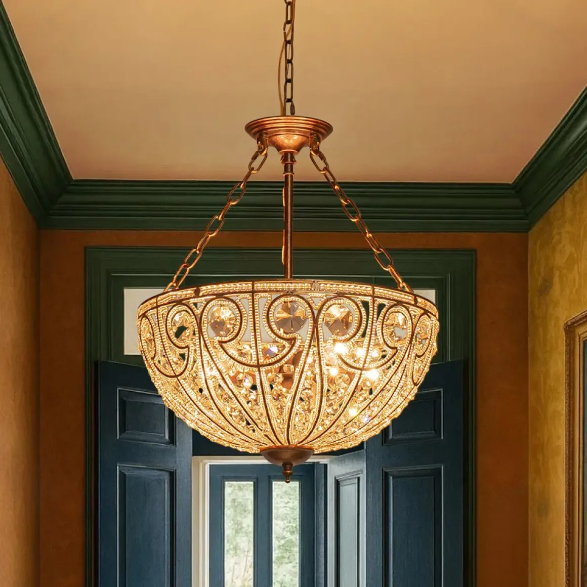 Luxe Moroccan Antique Bronze Crystal Round Cage Chandelier