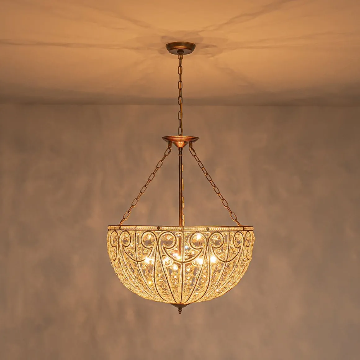Luxe Moroccan Antique Bronze Crystal Round Cage Chandelier