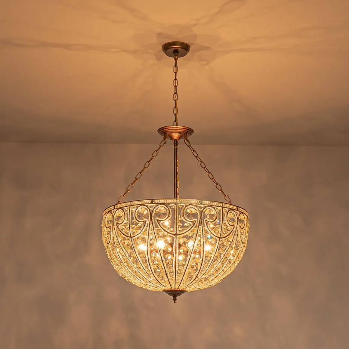 Luxe Moroccan Antique Bronze Crystal Round Cage Chandelier