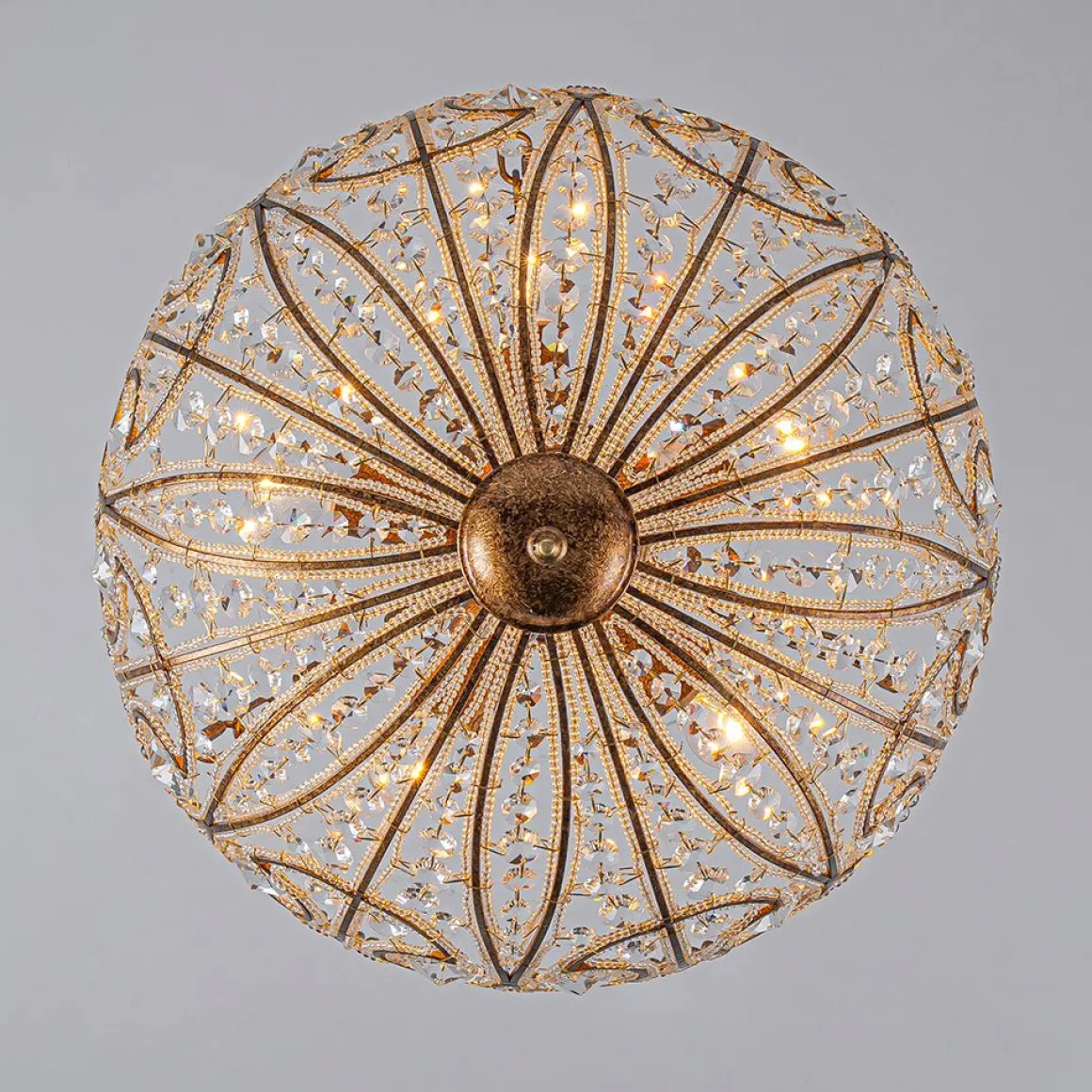 Luxe Moroccan Antique Bronze Crystal Round Cage Chandelier