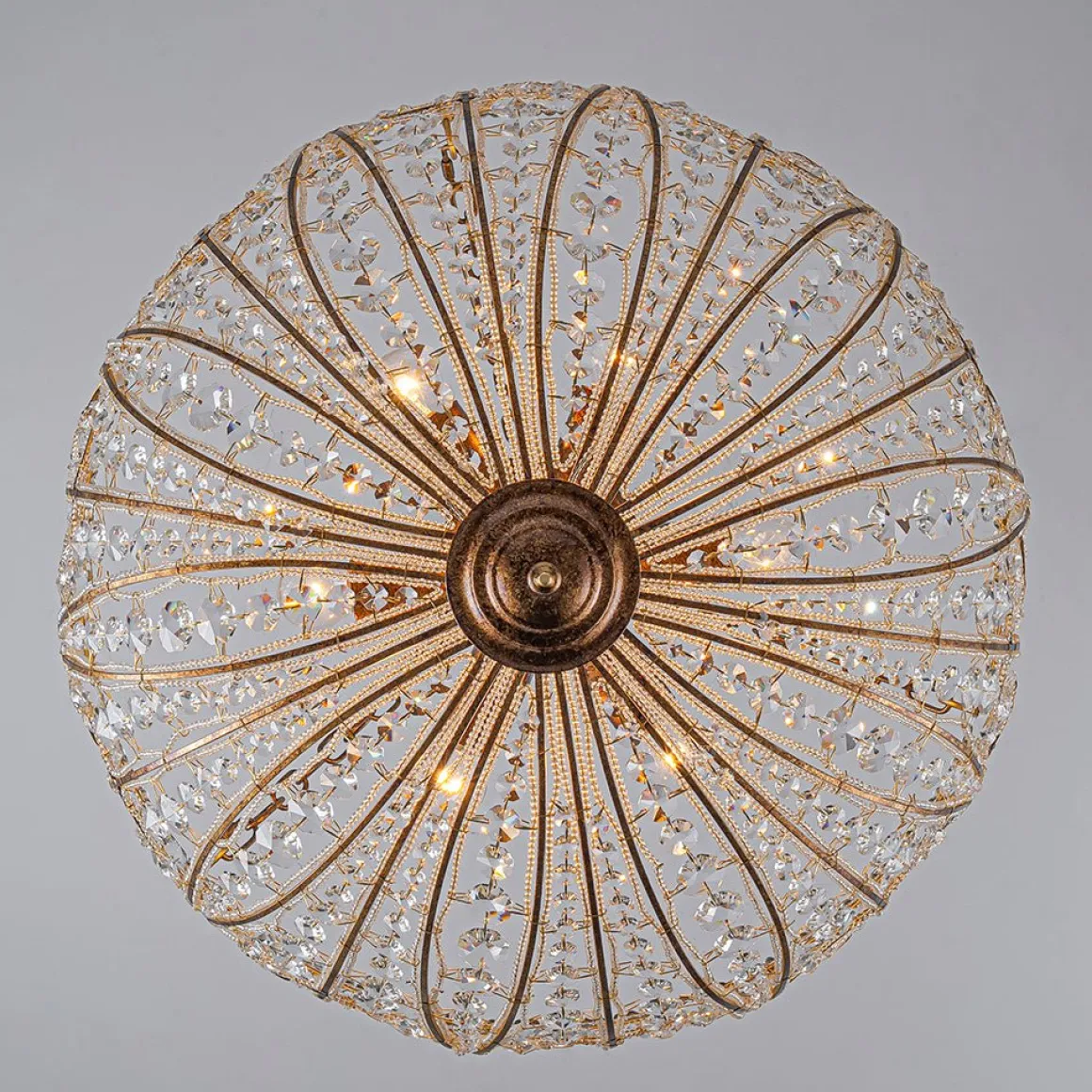 Luxe Moroccan Antique Bronze Crystal Round Cage Chandelier