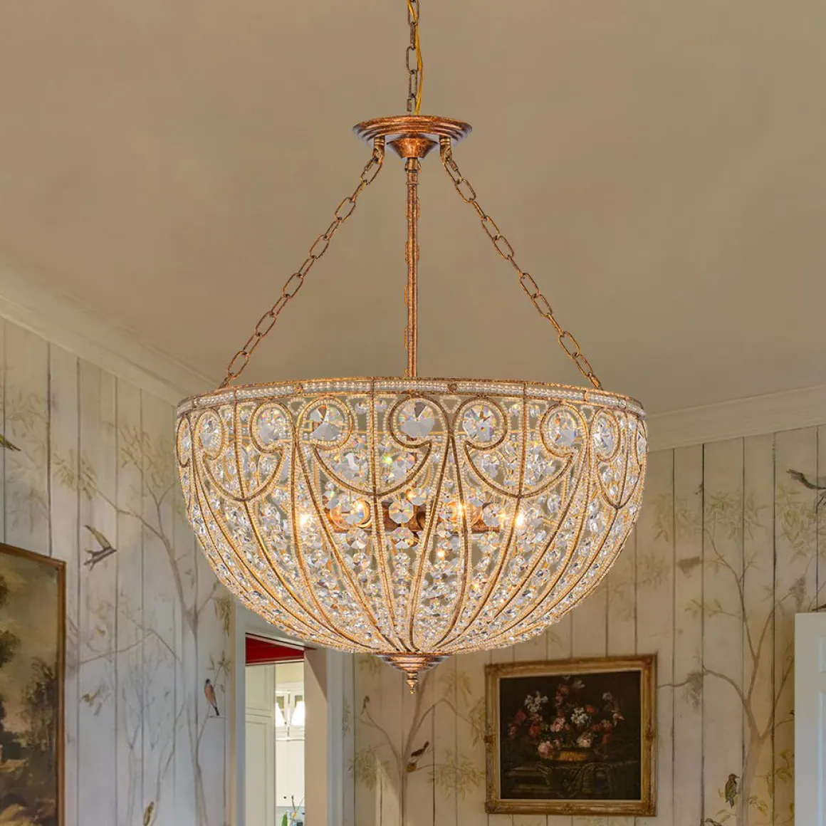 Luxe Moroccan Antique Bronze Crystal Round Cage Chandelier