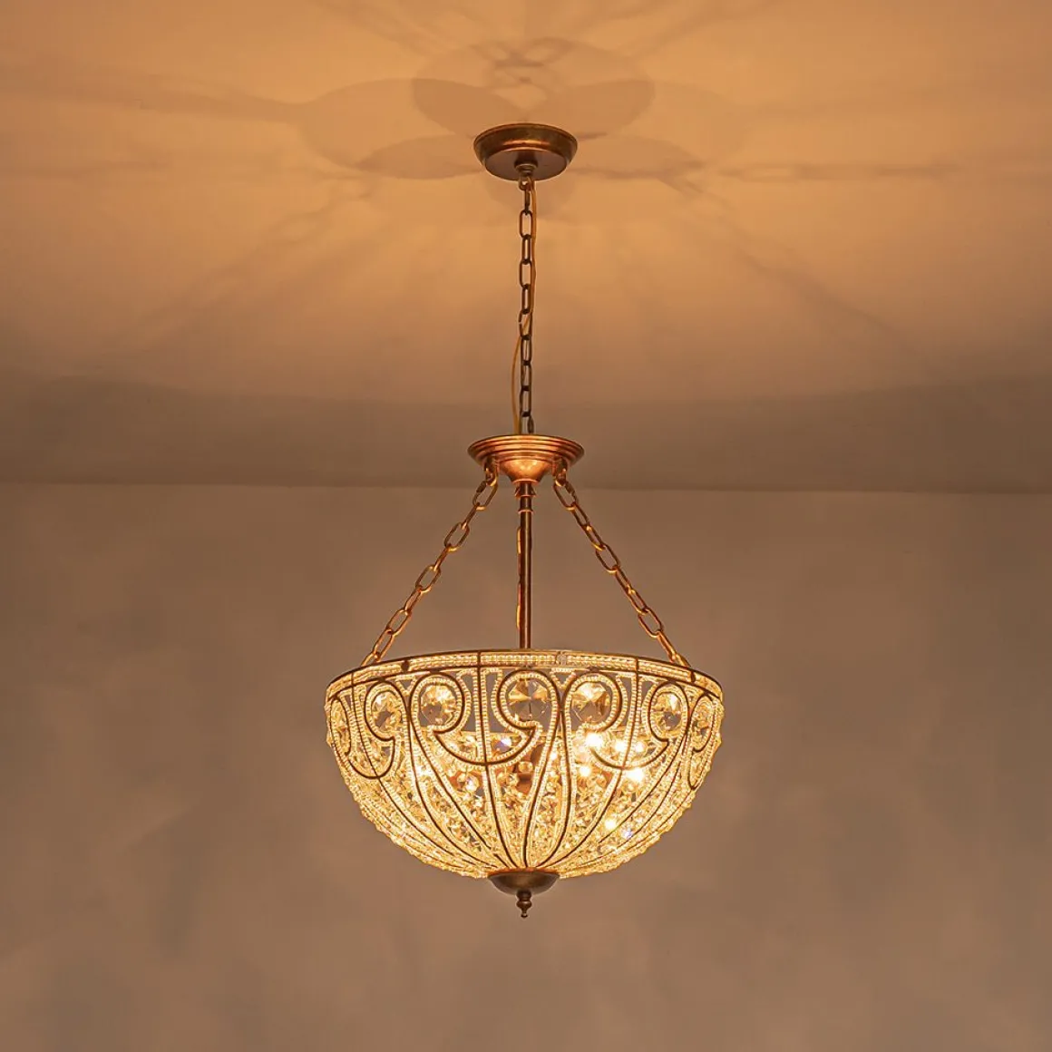 Luxe Moroccan Antique Bronze Crystal Round Cage Chandelier