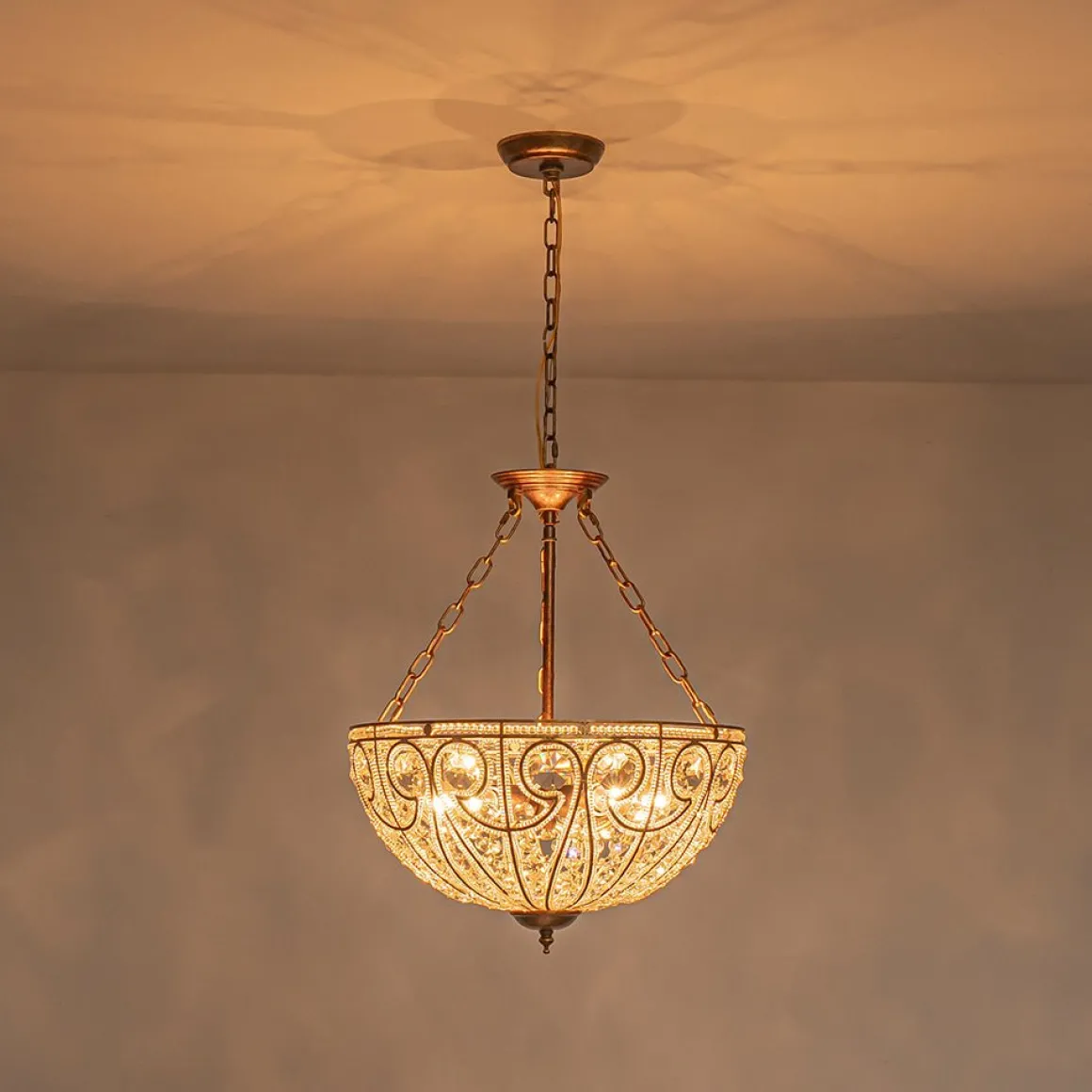 Luxe Moroccan Antique Bronze Crystal Round Cage Chandelier