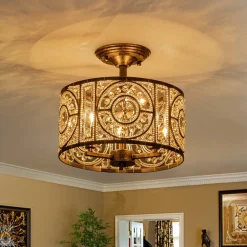 Luxe Moroccan Antique Crystal Drum Semi Flush Mount