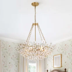 Luxe Sculpture Bloom Glass Floral Brass Basket Chandelier