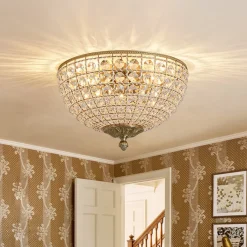Luxe Vintage French Brass Round Crystal Cage Flush Mount Light