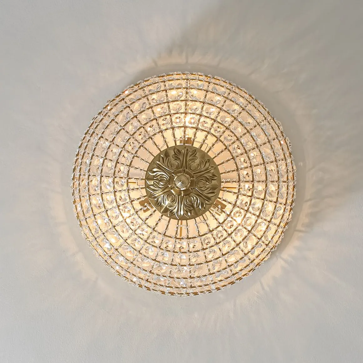 Luxe Vintage French Brass Round Crystal Cage Flush Mount Light