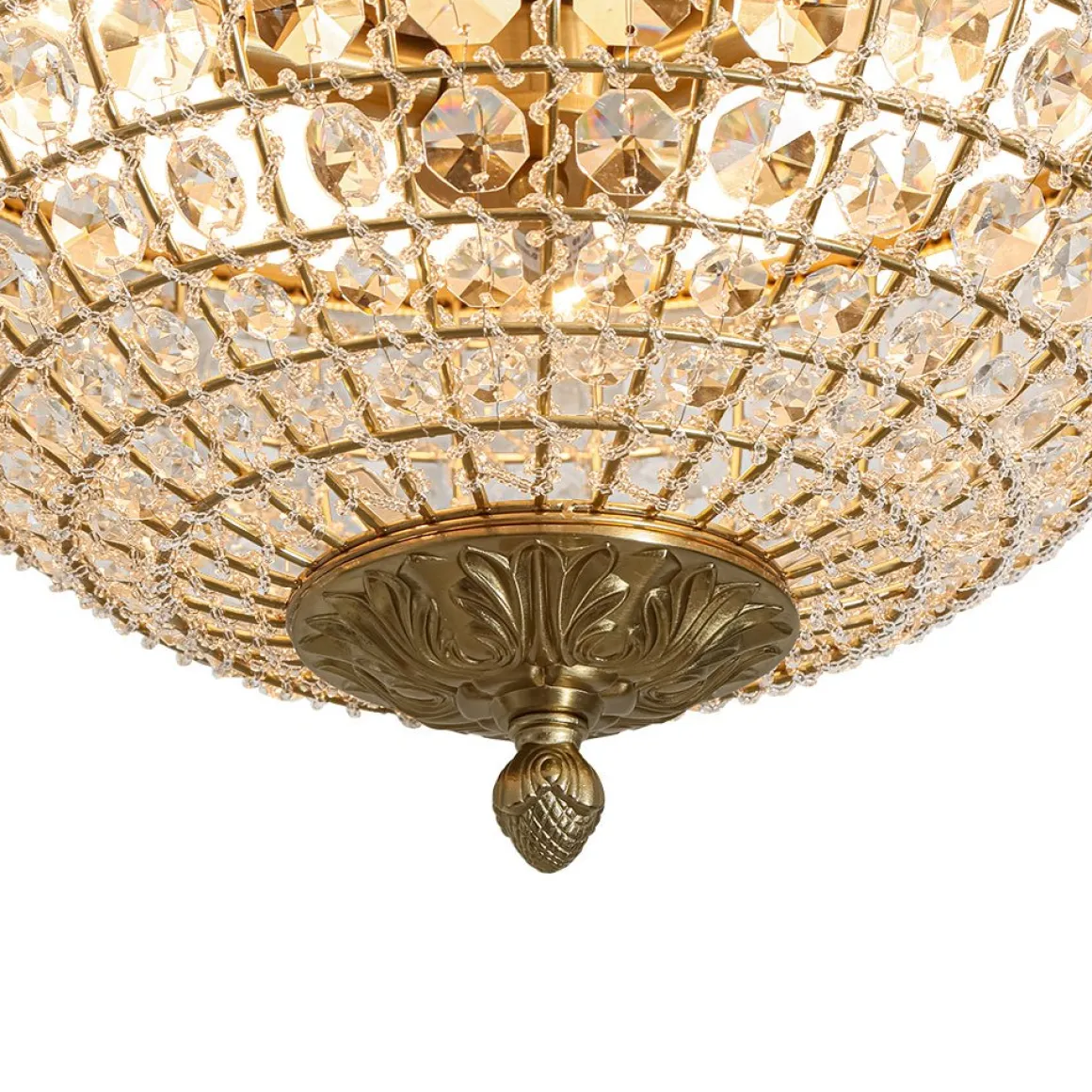 Luxe Vintage French Brass Round Crystal Cage Flush Mount Light