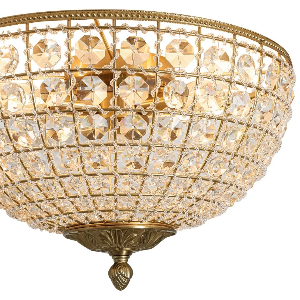 Luxe Vintage French Brass Round Crystal Cage Flush Mount Light
