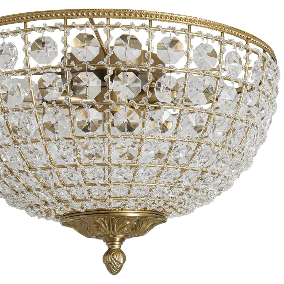 Luxe Vintage French Brass Round Crystal Cage Flush Mount Light