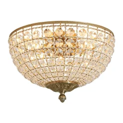 Luxe Vintage French Brass Round Crystal Cage Flush Mount Light