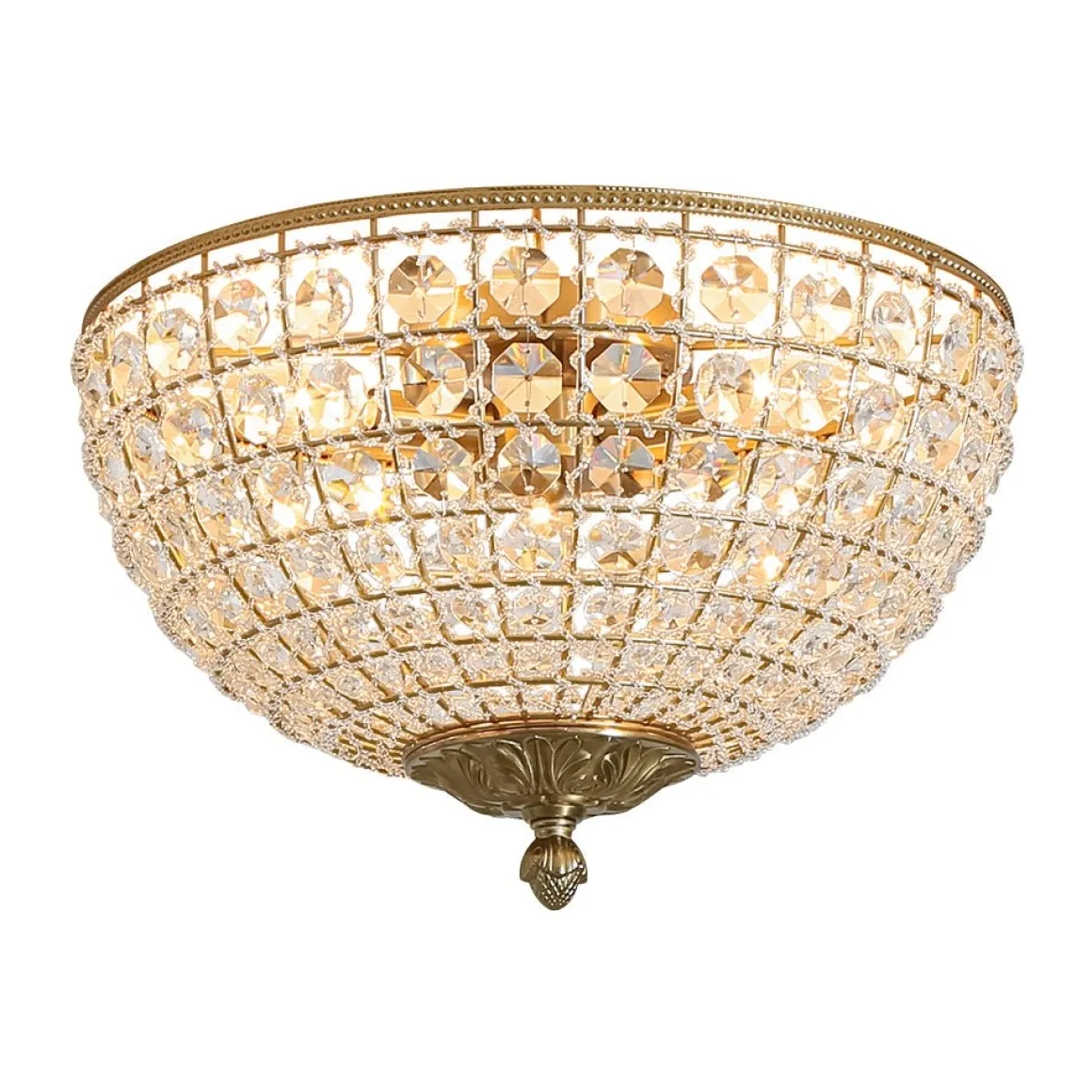 Luxe Vintage French Brass Round Crystal Cage Flush Mount Light