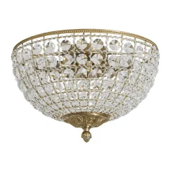 Luxe Vintage French Brass Round Crystal Cage Flush Mount Light