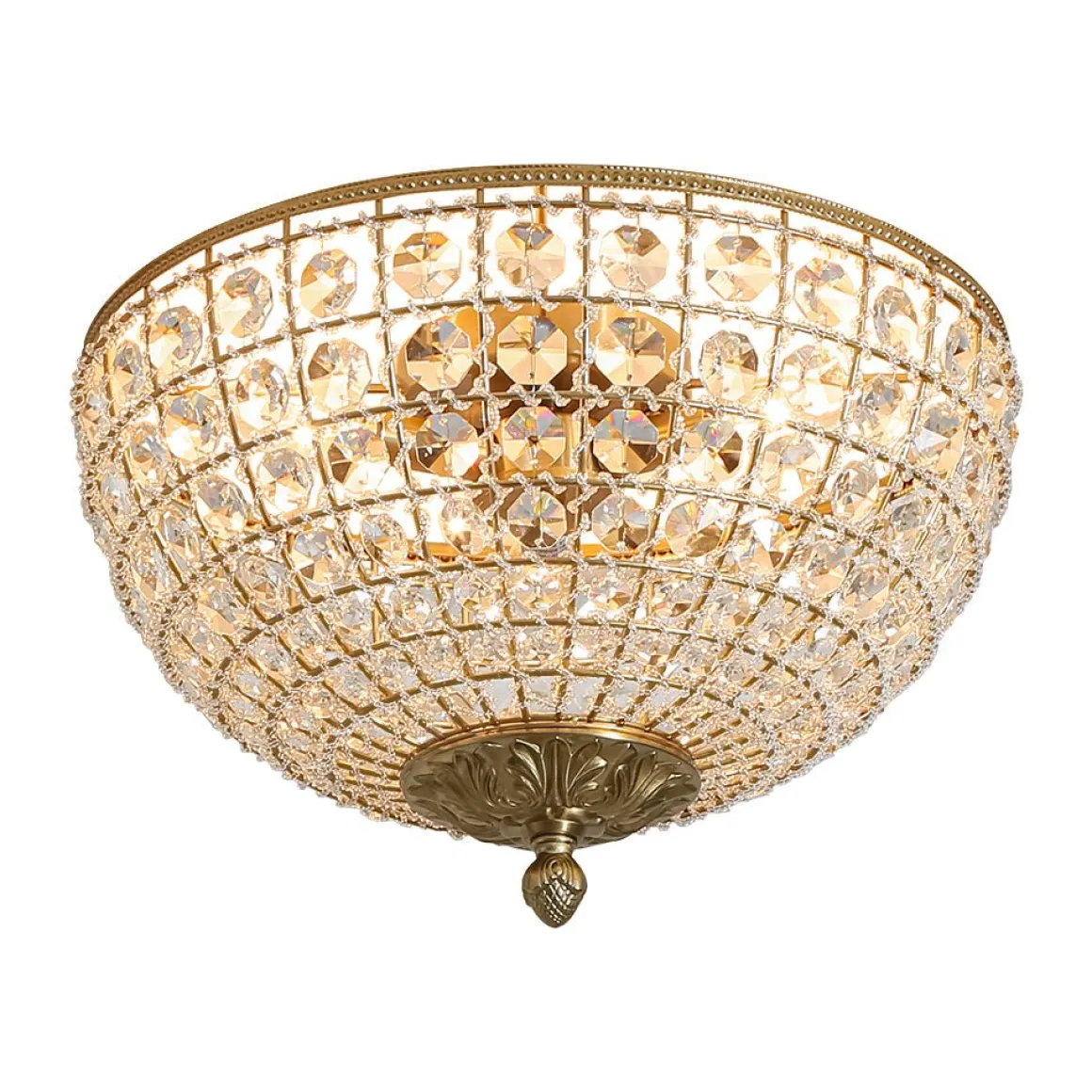 Luxe Vintage French Brass Round Crystal Cage Flush Mount Light