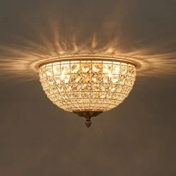 Luxe Vintage French Brass Round Crystal Cage Flush Mount Light